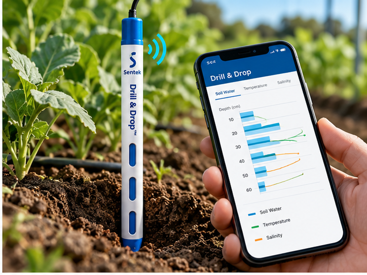 Зонд Sentek Drill & Drop Bluetooth у полі та дані вологості на смартфоні