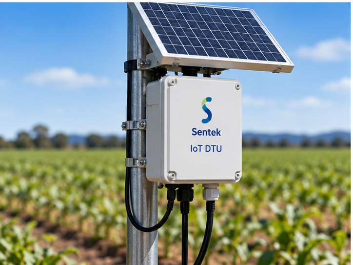 Пристрій передачі даних Sentek IoT DTU із сонячною панеллю на стійці в полі