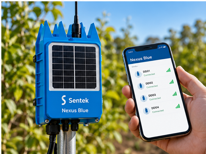 Sentek Nexus Blue у полі та смартфон зі списком підключених зондів